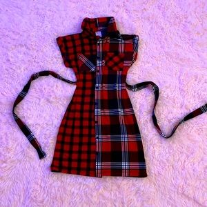 Red, white, and plaid dress.
